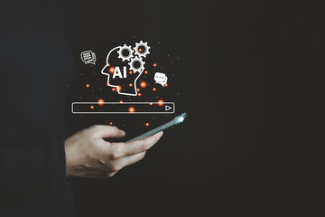 AI technology, Artificial Intelligence, Chatbot Chat and talk with AI, Using laptop for search and find data by command prompt, robot learning machine create or generate picture or article auto