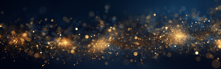 An abstract background featuring dark blue and golden particles. Christmas golden light shines, creating a bokeh effect on the navy blue background. Gold foil texture is also present. 
Generative AI