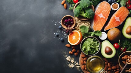 salmon and vegetables. healthy food with background. nature light. AI Generated