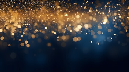 An abstract background featuring dark blue and golden particles. Christmas golden light shines, creating a bokeh effect on the navy blue background. Gold foil texture is also present. 
Generative AI