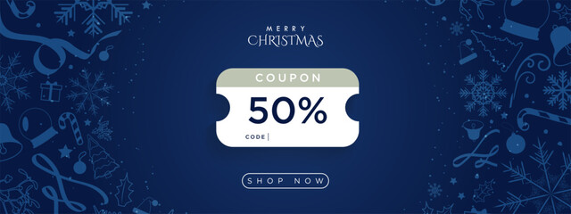 Blue Merry Christmas 50 off Coupon banner with copy space for code and shop now CTA button. Blue Christmas decorations snowflakes, gifts, ribbons, Santa. Vector Illustration