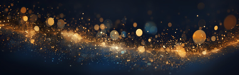 Fototapeta na wymiar An abstract background featuring dark blue and golden particles. Christmas golden light shines, creating a bokeh effect on the navy blue background. Gold foil texture is also present. Generative AI