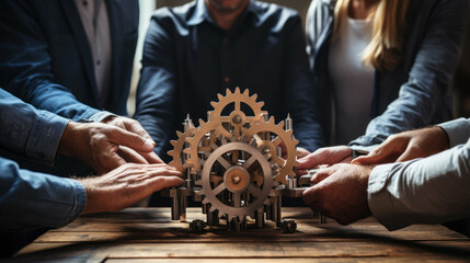 teamwork in action - group of people meticulously assembling gears on a table, epitomizing the collaborative effort in project realization, optimized for 16:9 HD and social media usage. Ai generated