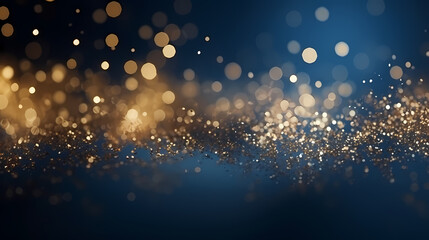Fototapeta na wymiar An abstract background featuring dark blue and golden particles. Christmas golden light shines, creating a bokeh effect on the navy blue background. Gold foil texture is also present. Generative AI