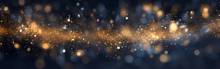 Obraz na płótnie Canvas An abstract background featuring dark blue and golden particles. Christmas golden light shines, creating a bokeh effect on the navy blue background. Gold foil texture is also present. Generative AI