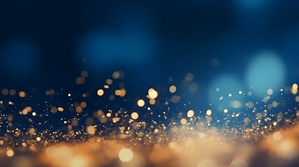 An abstract background featuring dark blue and golden particles. Christmas golden light shines, creating a bokeh effect on the navy blue background. Gold foil texture is also present. 
Generative AI