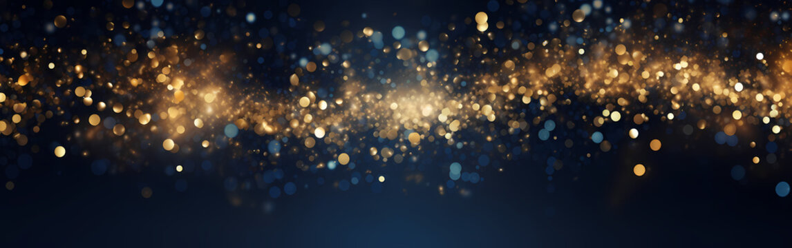 An abstract background featuring dark blue and golden particles. Christmas golden light shines, creating a bokeh effect on the navy blue background. Gold foil texture is also present. Generative AI © Nico Vincentini