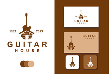 guitar house logo design vector template and business card with editable text