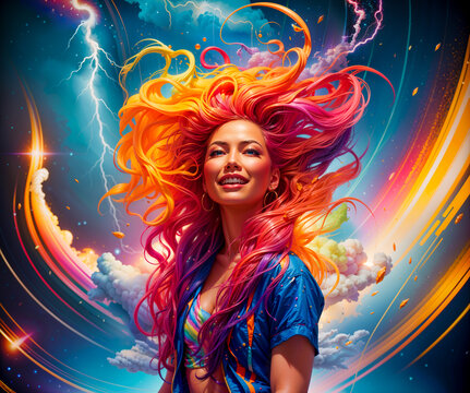Portrait of A Woman's Joyful Smile in a Swirled Rainbow hair splash colors.