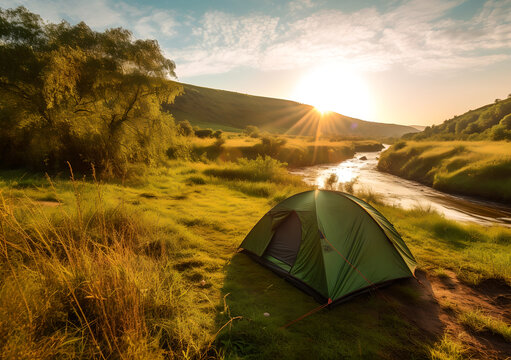 Camping and tent on the grass nearby river in morning. Natural beautiful camping spot