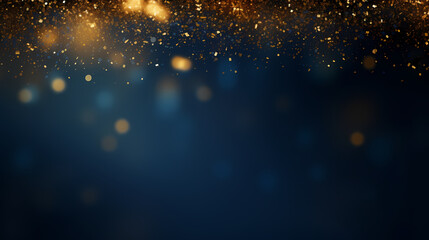 Fototapeta premium An abstract background featuring dark blue and golden particles. Christmas golden light shines, creating a bokeh effect on the navy blue background. Gold foil texture is also present. Generative AI