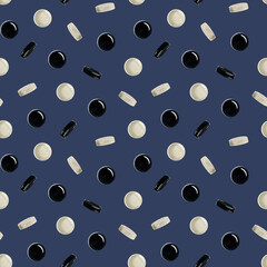 Dark blue seamless pattern with watercolor black and white checkers pieces for hobby clubs, fabric, wrapping paper and flyers design