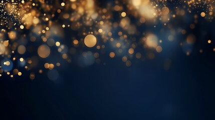 An abstract background featuring dark blue and golden particles. Christmas golden light shines, creating a bokeh effect on the navy blue background. Gold foil texture is also present. 
Generative AI