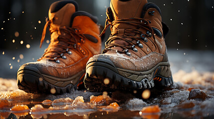 Hiker's Boots in the snow. Generative Ai