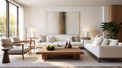 Interior of modern living room with white walls, tiled floor, white sofas and wooden coffee table. 3d rendering