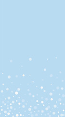 Snowy christmas background. Subtle flying snow flakes and stars on light blue winter backdrop. Delicate sweet snowy christmas. Vertical vector illustration.