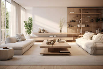 Interior of modern living room with white walls, wooden floor, beige sofa and coffee table. 3d rendering