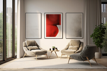 Interior of modern living room with two armchairs and poster on wall. 3d render