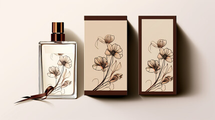Perfume bottle packaging and sleeve box packaging flatlay style with one line floral art