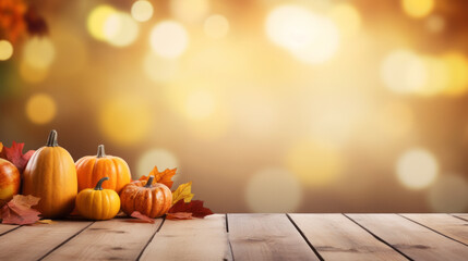 Wooden table, free space, with thanksgiving theme blurred background - Powered by Adobe