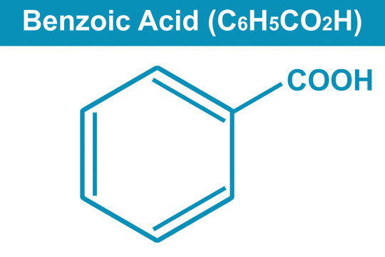 Chemistry illustration of Benzoic acid C6H5COOH in blue