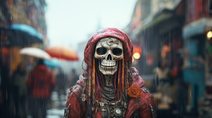Fototapeta na wymiar Portrait caricature of a very old eccentric hippie grandma skeleton dressed in ragged arty beaded clothing with flowers in a cold raining distant cyber city future street - generative AI