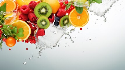fresh fruit in water splash. whirw background .design with nature light . AI generated.