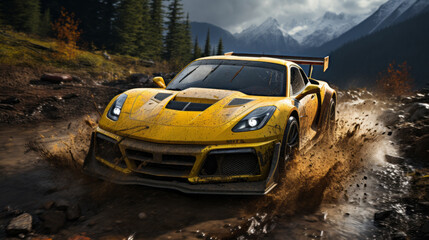 Fototapeta na wymiar Luxury sports car racing in the mountains on muddy road