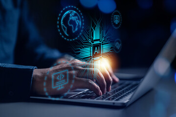 ai, unit, technology, processor, artificial intelligence, innovation, central processing unit, innovative, process, neural. typing at keyboard with laptop ai technology hud embracing the future.
