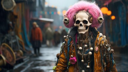 Portrait caricature of a very old eccentric hippie grandma skeleton dressed in ragged arty beaded clothing with flowers in a cold raining distant cyber city future street - generative AI - obrazy, fototapety, plakaty