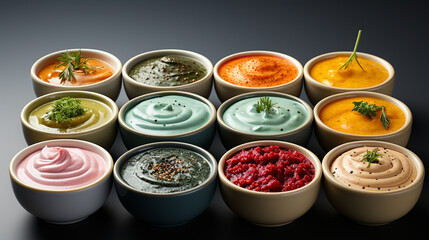 Set of different bowls of various dip sauces. Generative Ai