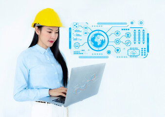Global communication, Futuristic architect, Businesswoman, Industry, Engineer woman. Working on digital technology interfaces icon and construction, Smart industry and digital technology innovation. 