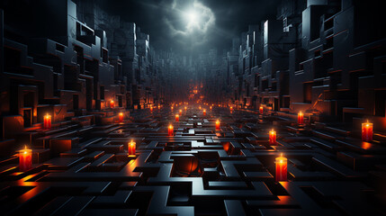 Success path in black maze on black background. Generative Ai