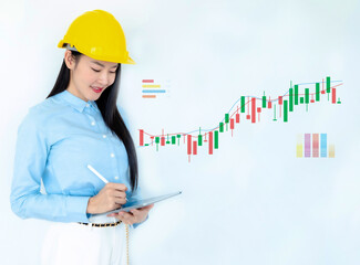 Global communication, Futuristic architect, Businesswoman, Industry, Engineer woman. Working on digital technology interfaces icon and construction, Smart industry and digital technology innovation. 