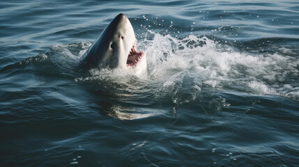 Great white shark swimming in the ocean with wide open mouth. Generative AI.