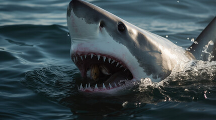 Sodeview on the head of a great wide shark with open mouth and big toothes. Generative AI.