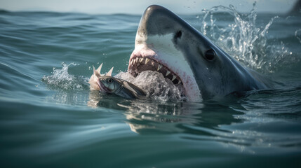 Great white shark collecting some fish with wide open mouth and big toothes. Generative AI.