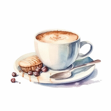 Artful Watercolor Coffee Delights: Hand-Drawn Latte, Macchiato, Espresso, and More - Sip in Style on a White Canvas!
