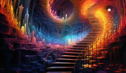 Treppe in bunten und farbenfrohen Tunnel bzw. Umgebung, Ai generiert - obrazy, fototapety, plakaty