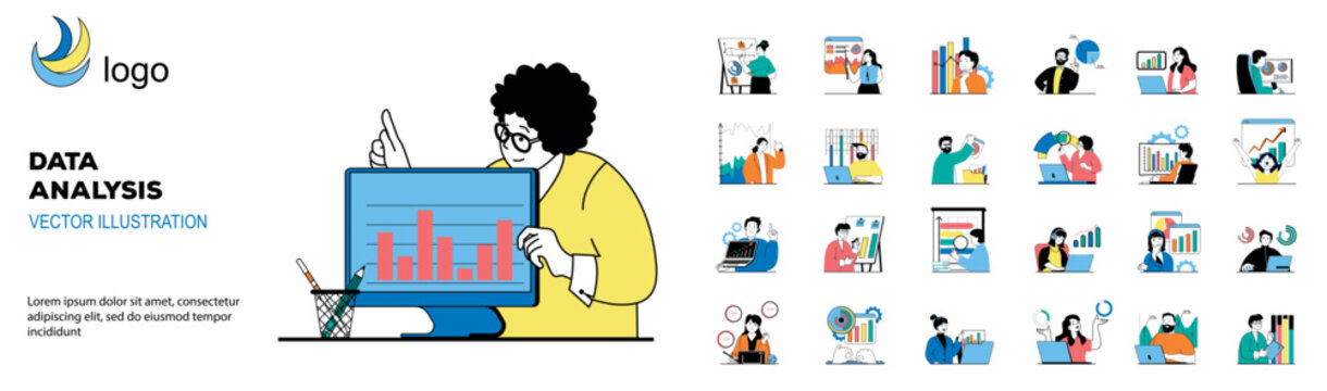 Data analysis concept with character situations mega set. Bundle of scenes people making market research, working with graphs and charts, analyzing reports. Vector illustrations in flat web design