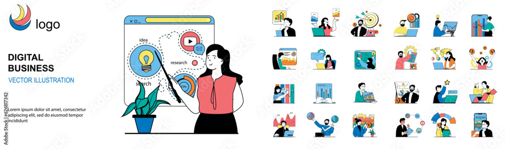 Poster Digital business concept with character situations mega set. Bundle of scenes people brainstorming, making development plan and targeting, investing money. Vector illustrations in flat web design