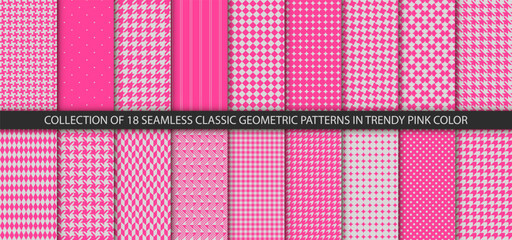 Houndstooth seamless patterns collection in trendy pink color. Pied de poule texture. Repeating pepita plaid patern for design prints. Simple abstract plaid dogstooth. Vector illustration