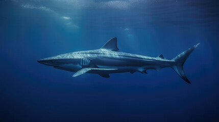 Big white shark swimming in the wide Open ocean. Generative AI.