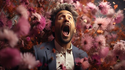 Hay fever: man allergic to pollen of flowers, created with generative ai	 - obrazy, fototapety, plakaty