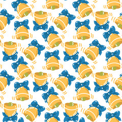 Seamless cartoon school bell pattern on white background. Cartoon cute yellow bell with a bow. Back to school. The first call. School packaging for the holiday