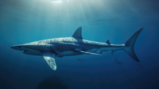 Single big white shark swimming in the wide opean blue ocean. Generative AI.
