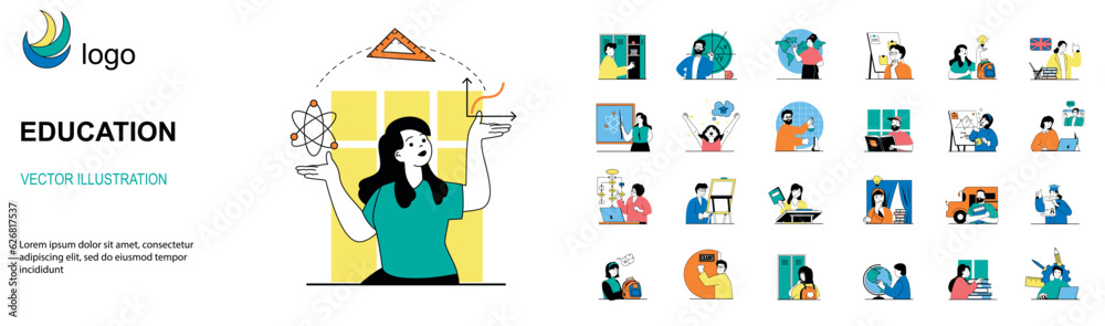 Aufkleber education concept with character situations mega set. bundle of scenes people studying at school and