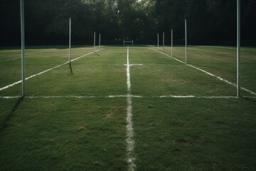 A rectangular grass field with white lines and goal posts for playing rugby. Generative AI