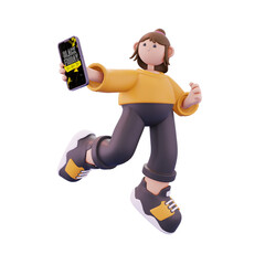 girl standing showing black friday in handpone pose from left