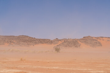 Fototapeta na wymiar view in the Sahara desert of Tadrart rouge tassili najer in Djanet City ,Algeria.colorful orange sand, rocky mountains 
